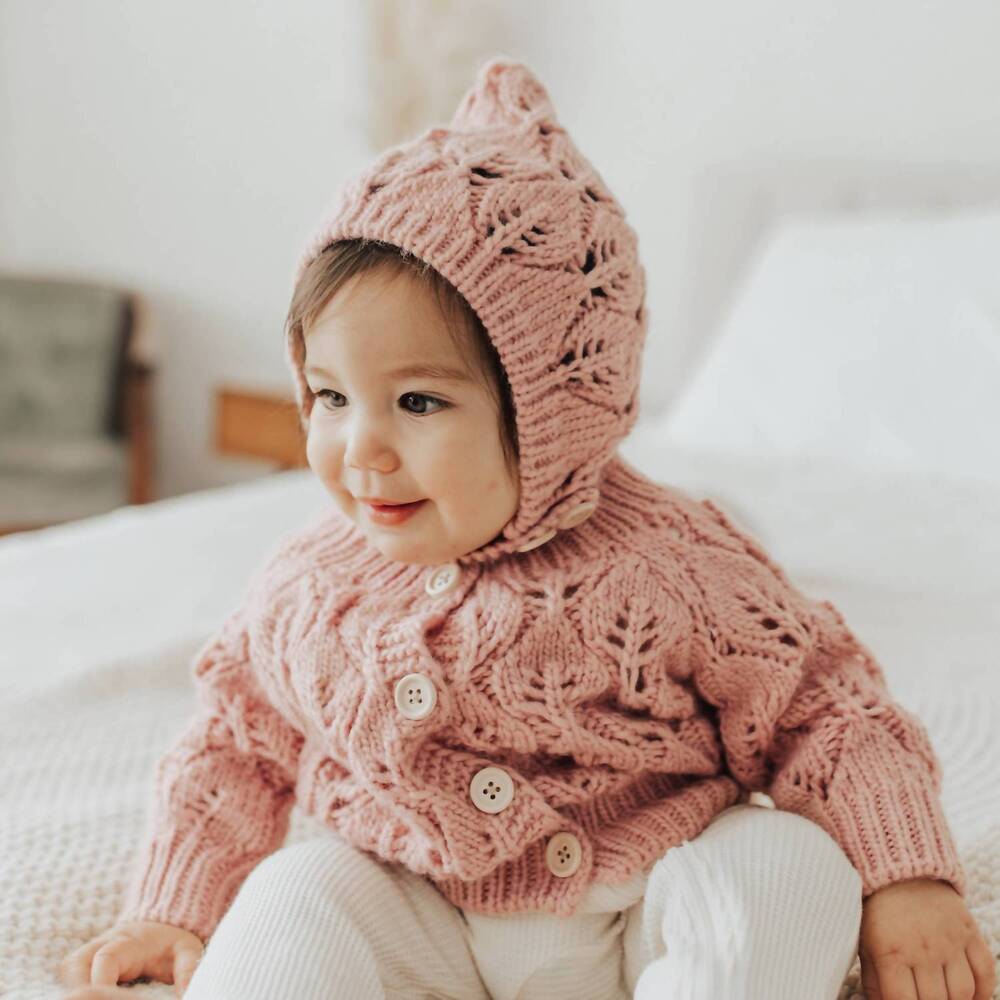 NEW HUGGALUGS girls leaf lace hand knit cardigan sweater in pink